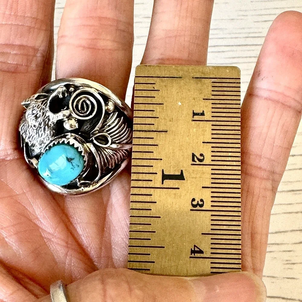 Navajo Wolf Turquoise Mens‎ Ring Sz 13 Sterling Signed Saunders Howling Nugget